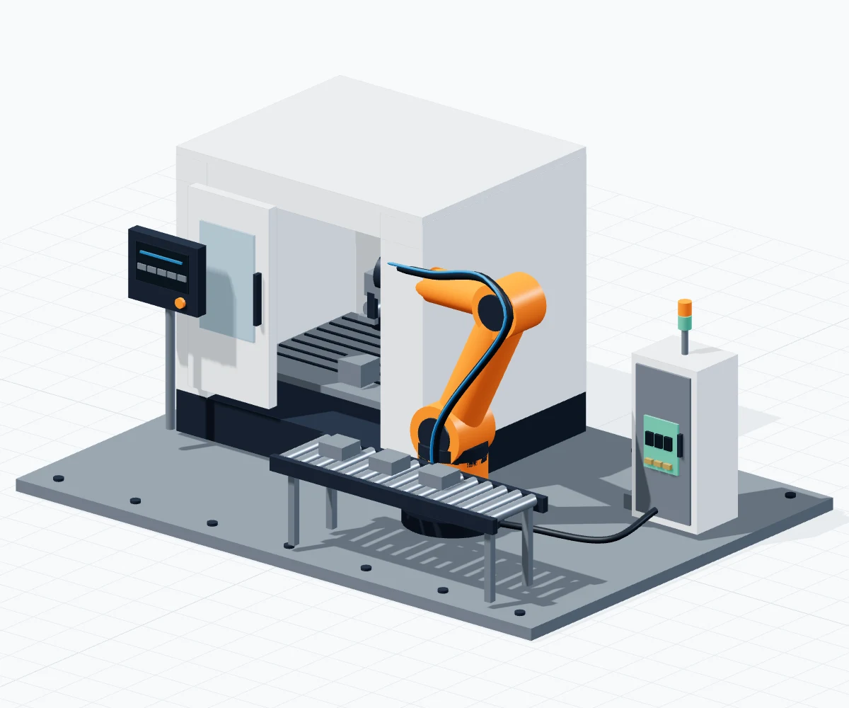 Illustrative machine-tending cell with orange articulated robot, parallel gripper, CNC enclosure, control cabinet and roller conveyor.