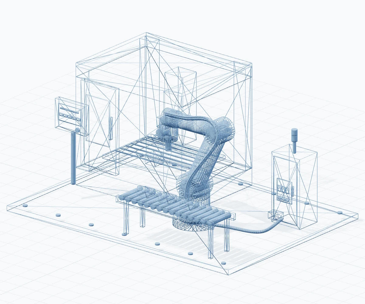 Wireframe digital model of the same CNC, robot, conveyor and control cabinet assembly.